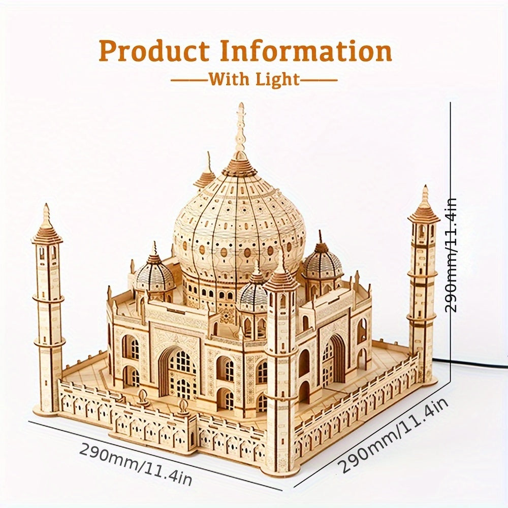 3D Wooden Puzzle Royal Castle Taj Mahal with Light Assembly Toy for Adult DIY Model Kits Desk Decoration for Gifts