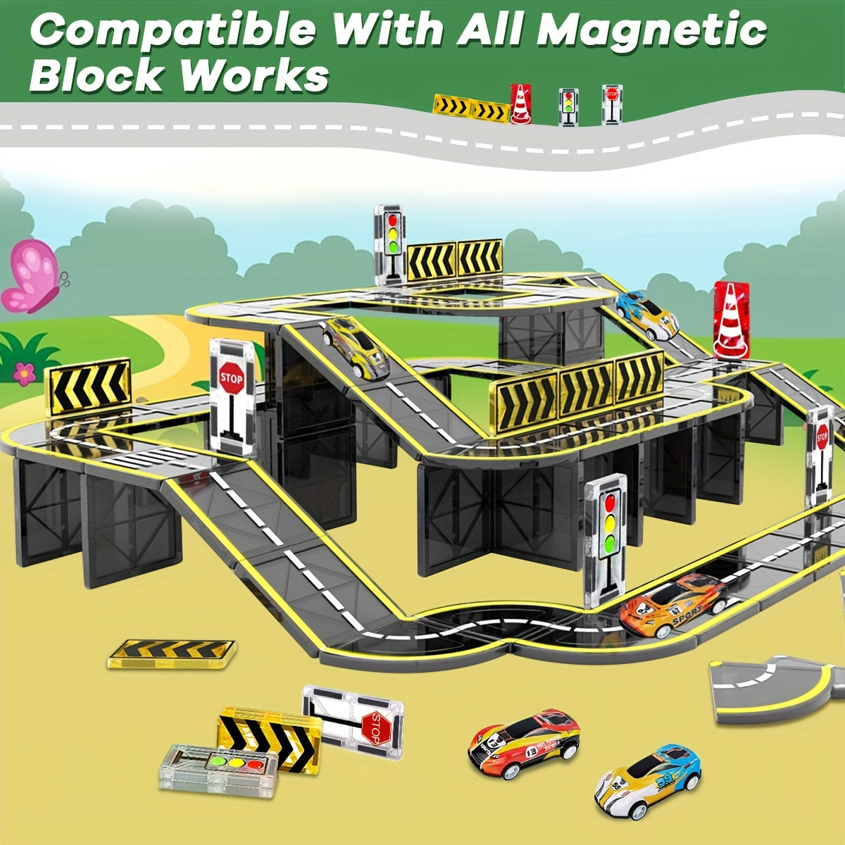 Magnetic Road Set with Magnet Crane Car Toys Ice Castle Magnetic Blocks STEM Toys Creativity And Educational Construction Toys Toys for Kids Age 36 Birthday Gifts Random Color