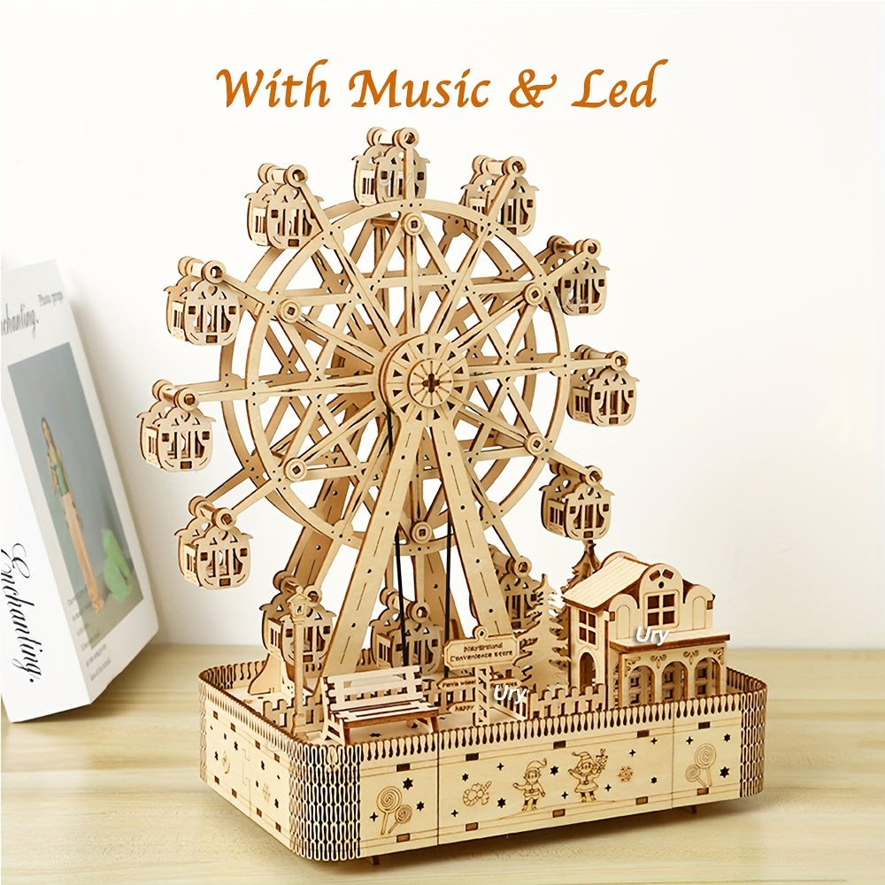 3D Wooden Puzzle Rotating Music Ferris Wheel Music Box with Lights Assembly Model DIY Toy Set Desktop Decorations Christmas Gift