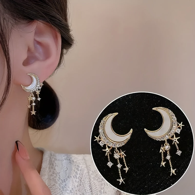 Moon Star Earrings GoldSparkling Rhinestone StudsGolden Zinc AlloyEveryday Party Earrings
