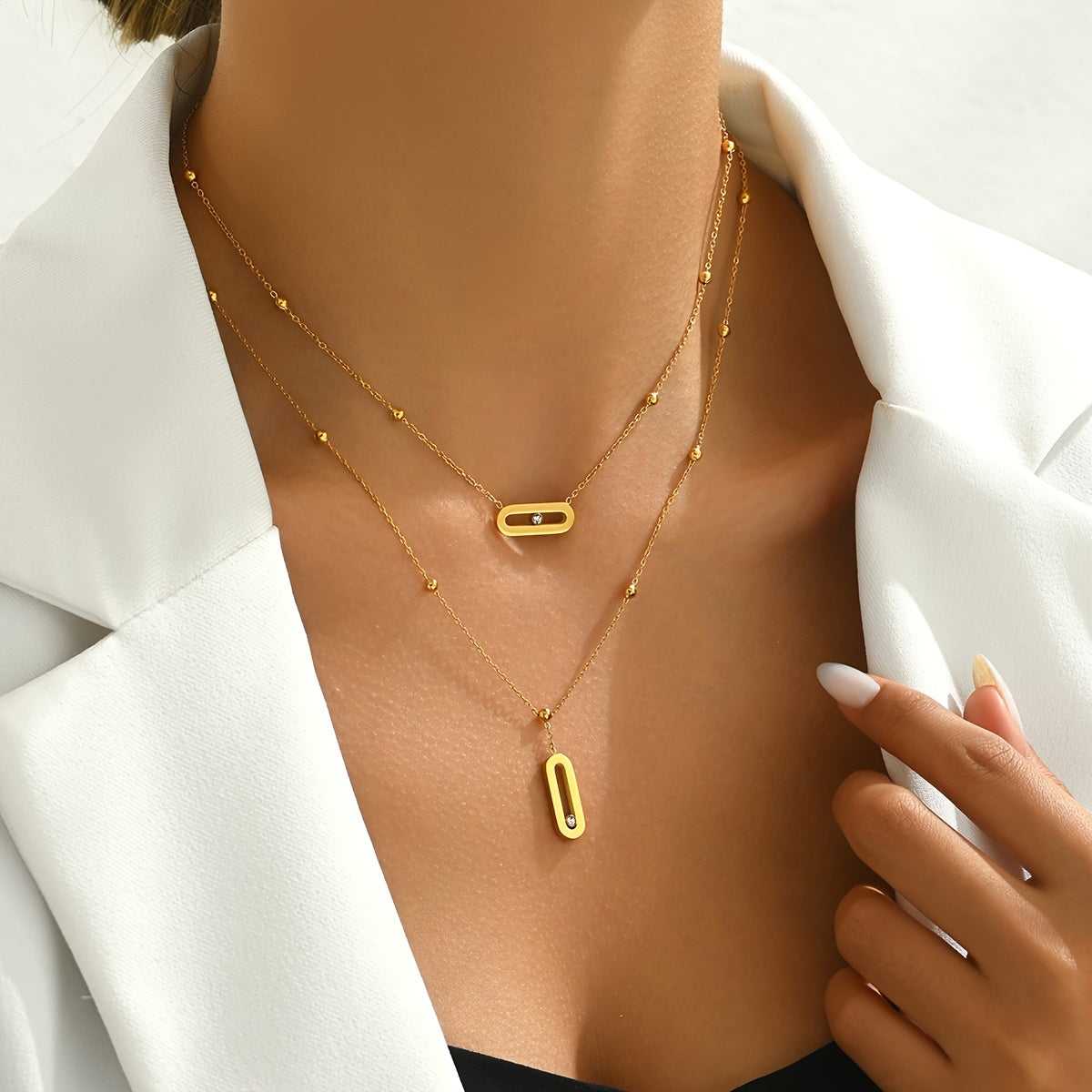 Elegant GoldenTone Stainless Steel Geometric Double Layer Necklace with Sparkling Rhinestones  Versatile and Luxurious for Daily Wear or Gifting Perfect for Women Daily Wear JewelryMinimalist NecklaceRhinestone Embellishments
